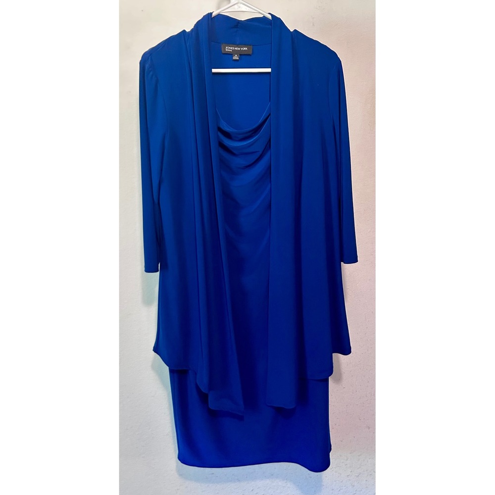 Jones New York Dress Royal Blue One Piece Jacket Sheath Set Size 10 Cowl Neck
